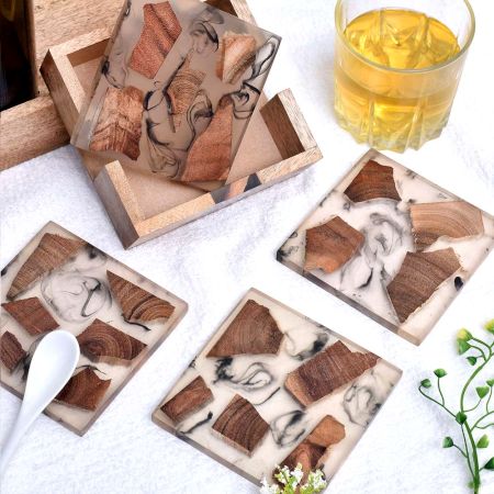 Handmade Clear Epoxy Resin and Cedar Wood Set of 4 Decorative Table Coasters with Cover
